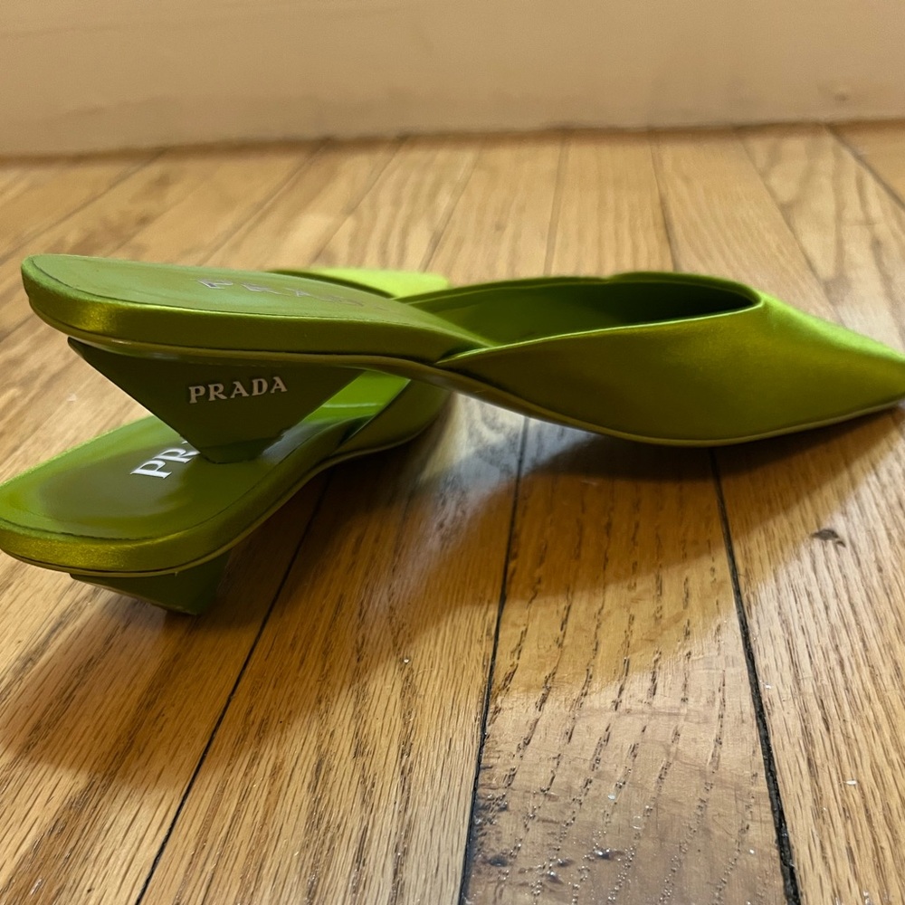 Prada Green Satin Square-Toe Kitten Heel Mules - Picture 4 of 7